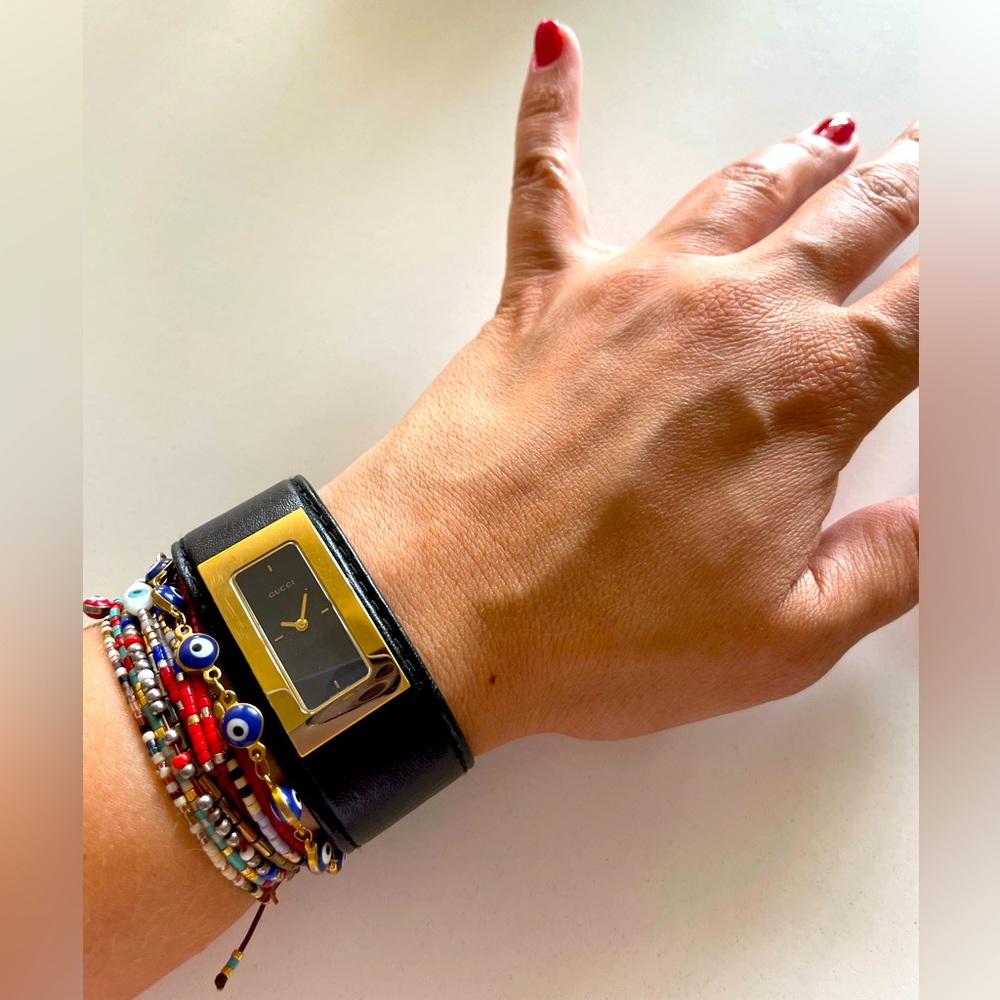 GUCCI 7800S Black Leather 24mm Bangle 18K Gold Plated 24 mm leather bracelet